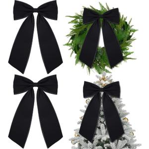 Riceshoot 2 Pcs 10 x 16 Inch Large Bows Valentine's Day Tree Decorations Velvet Ribbon Tree Topper Velvet Wreath Bows with Wired Edge for Valentines Home Fireplace Indoor Outdoor Decor (Black)