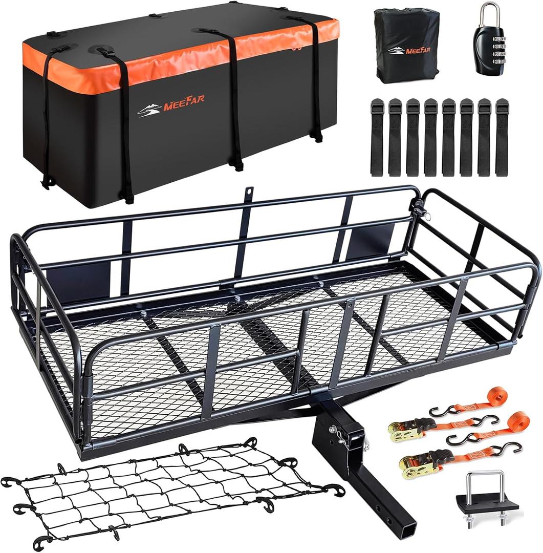 MeeFar High Rail Trailer Folding Hitch Mount Cargo Carrier Basket 60" X 24" X 14"+Waterproof Cargo Bag 20 cu ft(59" 24" 24"), Capacity of 500 Lbs with Hitch Stabilizer, Net, Lock and Straps MeeFar High Rail Trailer Folding Hitch Mount Cargo Carrier Basket 60" X 24" X 14"+Waterproof Cargo Bag 20 cu ft(59" 24" 24"), Capacity of 500 Lbs with Hitch Stabilizer, Net, Lock and Straps