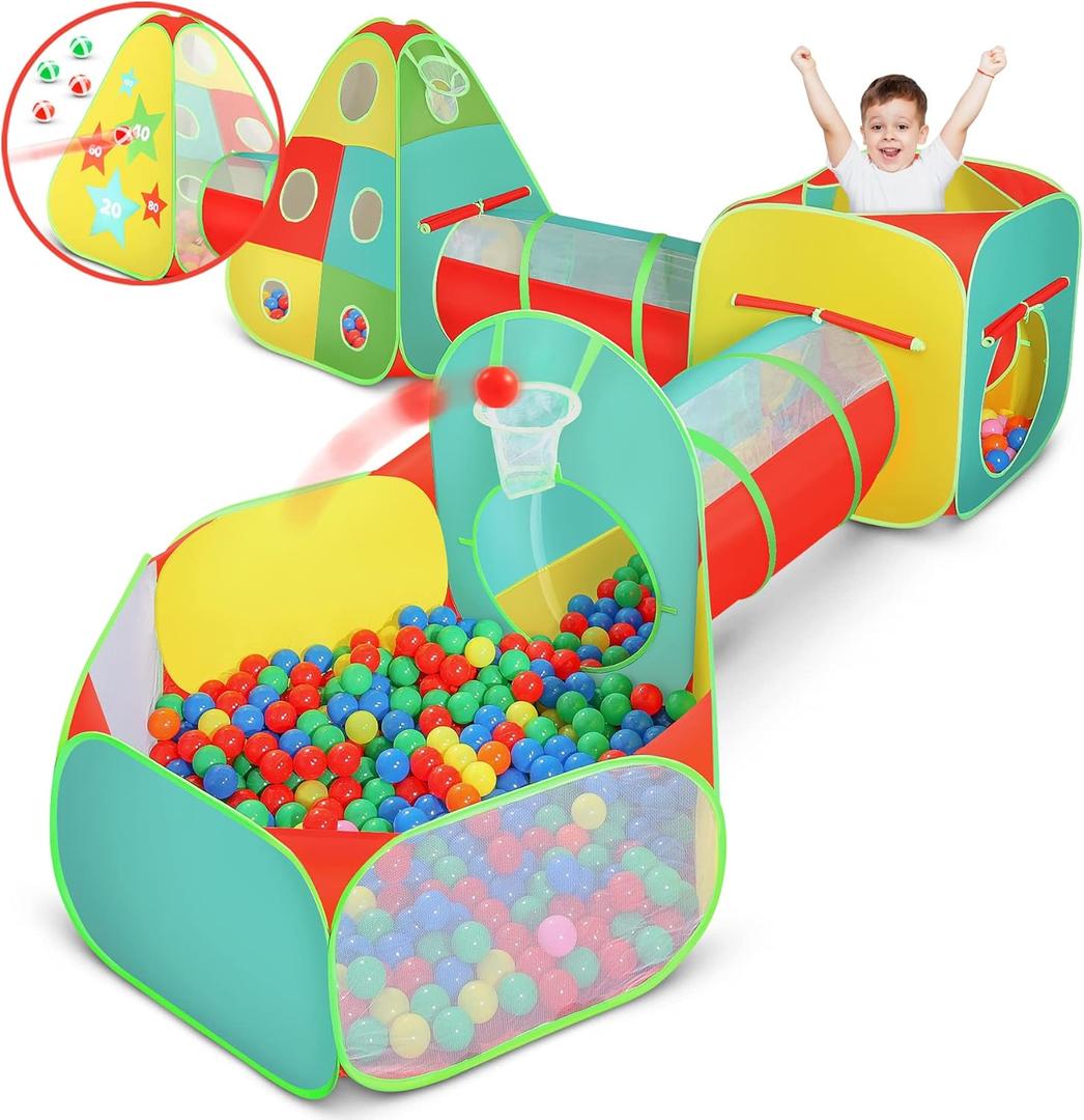 5pc Kids Play Tent for Toddlers with Ball Pit, Crawl Tunnel, Indoor & Outdoor Playhouse, Jungle Gym, Toys for Boys & Girls, Includes Dart Balls, Teepee & Basketball Hoops (5 Pc. Ball Pit Play Tent)