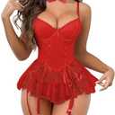 Mixxmix Women Sexy Lingerie Set Naughty Lace Up Corset Bodysuit Underwire Lingerie Babydoll With Garter Belt and Bow Tie, Size: XXL