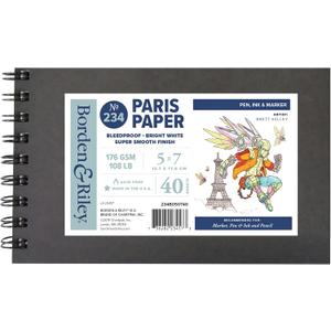 Borden & Riley 5" x 7" #234 Paris Paper for Pens Hardcover Sketch Book, Side Spiral, 108 lb., 40 Micro-Perfed White Sheets, 1 Book Each