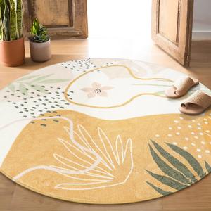 Lahome Boho Washable Round Rugs - 5ft Round Rug Non-Slip Soft Round Rugs for Living Room Throw Ultra-Thin Circle Area Rugs for Dining Room, Botanical Print Round Carpet for Nursery Classroom Office (Taupe)