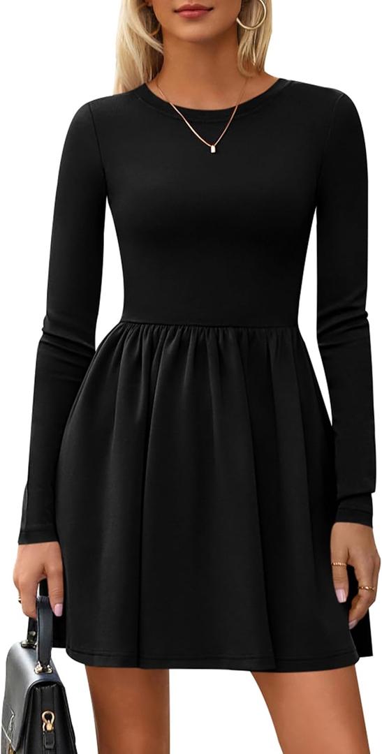 PRETTYGARDEN Women's Long Sleeve Mini Dresses 2025 Fall Casual Crewneck Pleated A Line Party Cocktail Short Dress with Pocket (Medium)