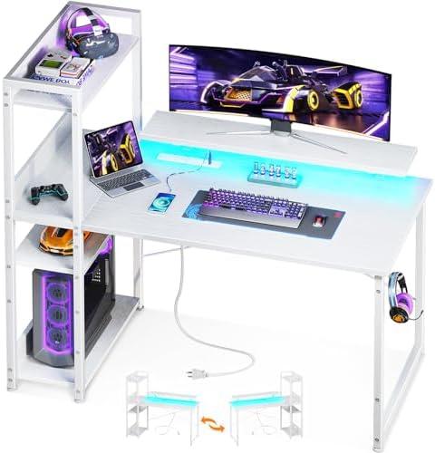 ODK Reversible Gaming Desk with USB Charging Port and LED Lights, 40" Computer Desk with Storage Shelves & Monitor Stand, Writing Study Table for Home Office, Small Space Bedroom, White