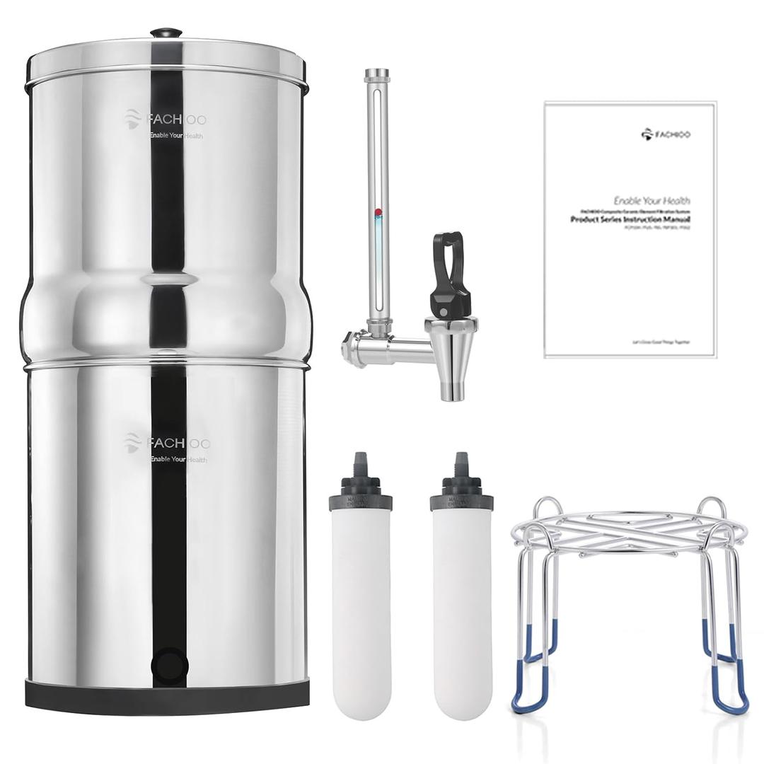 Gravity-fed Water Filter System, 2.25 Gallon Stainless Steel Countertop System with 2 Ceramics Filters Washable Filters, Metal Water Level Spigot and Stand,Reduce up to 99% Chlorine (White)