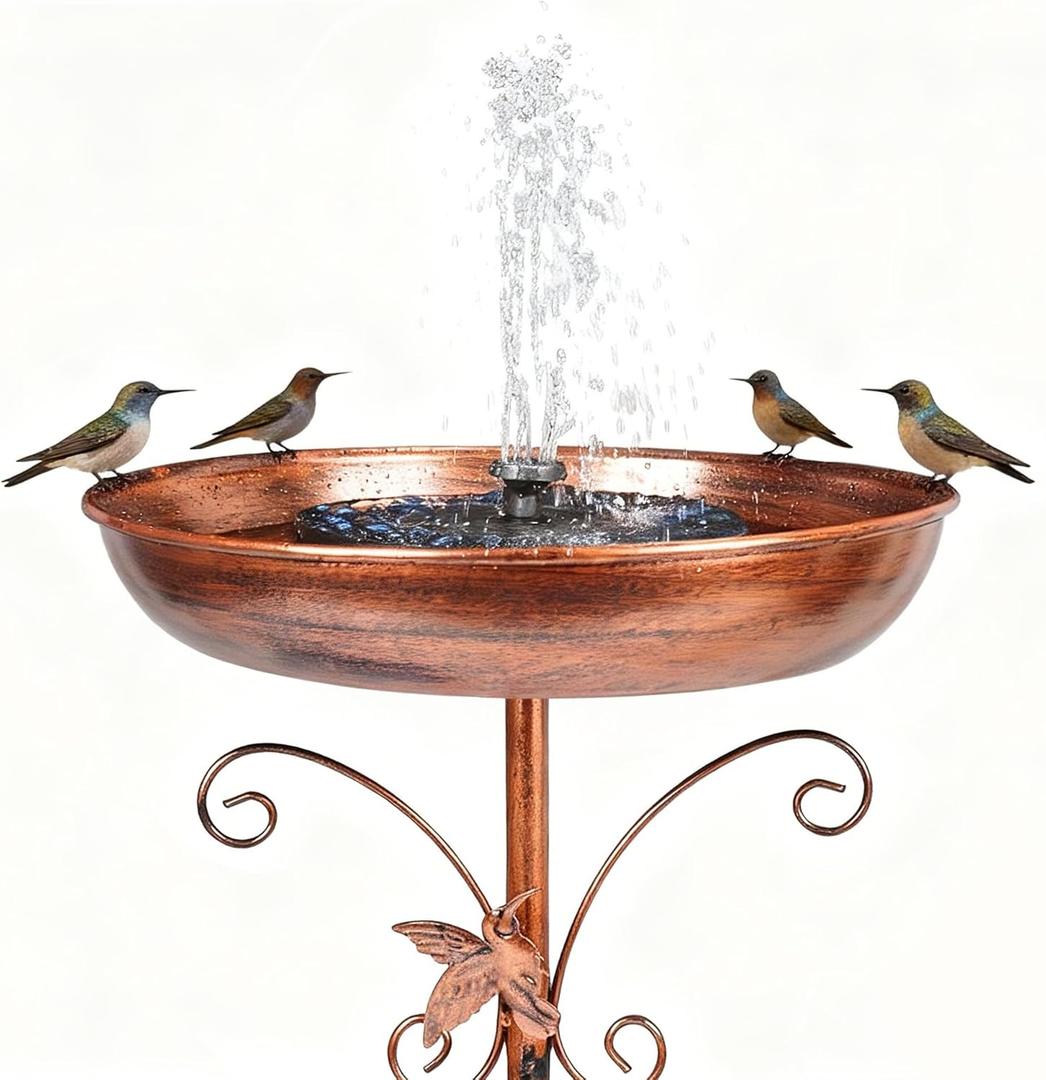 Metal Bird Bath with Solar Fountain for Outdoors, 13" Detachable Bowl & Stable 5-Prong Base Stake, Antique Bronze Birdbath for Garden Yard Patio Decor