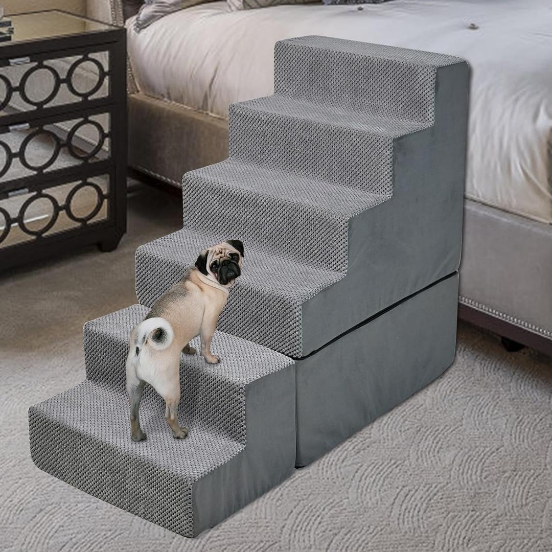 Dog Steps for High Beds 30-32" H, 6-Step Dog Stairs for Small Dogs, 33D Foam Pet Steps for High Bed Climbing, Non-Slip Balanced Pet Stair Ramps for Bed Indoor, Grey