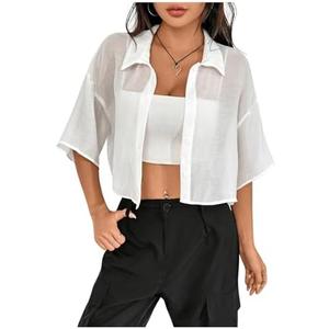 SHENHE Women's Sheer Button Up Blouse Half Sleeve Cropped Loose Button Down Shirt Top, Medium