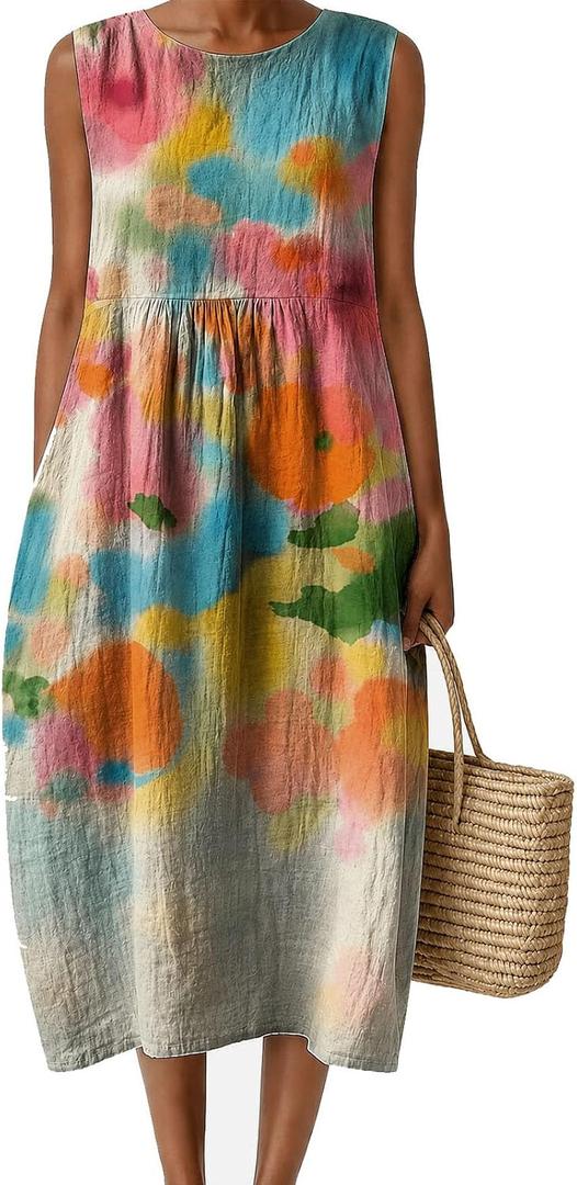 LOVESHOOT Womens Midi Dresses Summer Casual Sleeveless Crew Neck Floral A Line Sundress Boho Flowy Loose Dress (M)