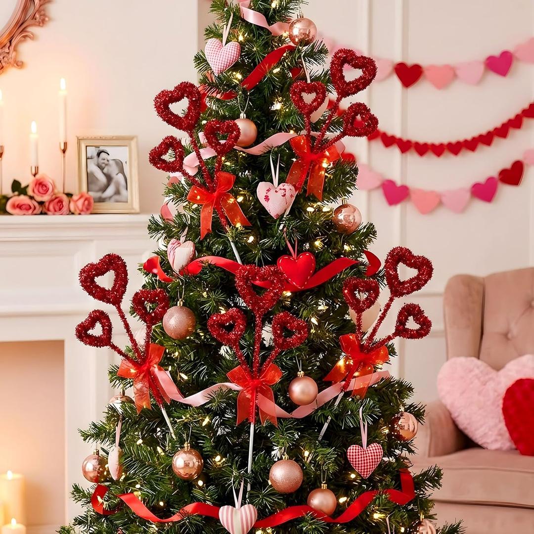 6 Pcs Valentine's Day Decorations Tree Topper Glitter Tinsel Heart Tree Picks 14'' Large Valentine's Day Heart Picks Ornaments for Galentines Home Wedding Party Decor Crafts Supplies(Red)