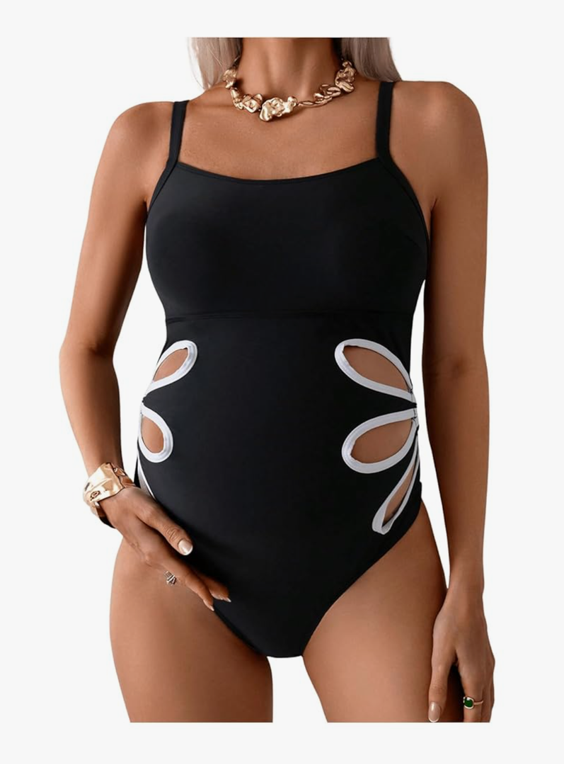 OYOANGLE Women's Maternity One Piece Swimsuits Cut Out Spaghetti Strap Pregnancy Bathing Suits Swimwear, Black and White, L