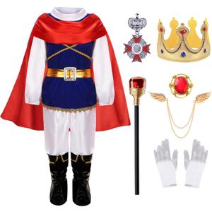 King Prince Charming Costume for Boys Kids Medieval Cosplay Dress Up Royal Outfits (7-8 Years, Blue)