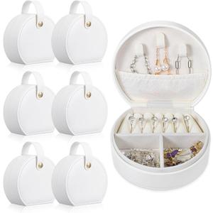 6 Pack Travel Jewelry Case, Mini Leather Bridesmaid Jewelry Gift Box Bulk, Half Moon Design, Detachable Handle, Small Earring Storage Organizer for Women Girls Bridesmaid Proposal Gifts (White)