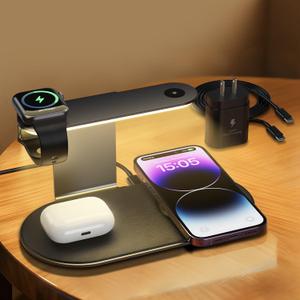 Wireless Charger, 3 in 1 Wireless Charging Station for iPhone with 3-Level Night Light, Fast Charging Adapter, Lamp Charging Station for iPhone 17/16/15/14/13/12, iWatch 3-11/Ultra/SE, AirPods