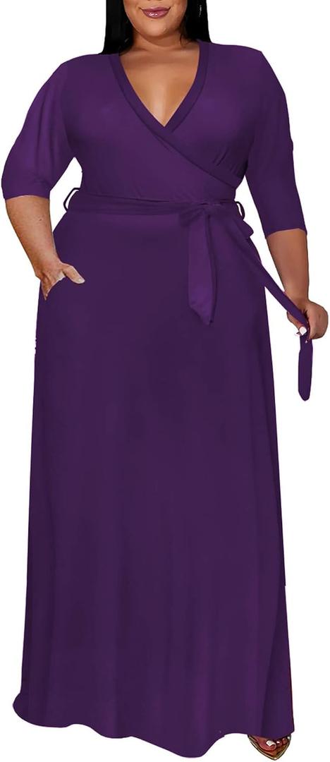 Runwind Plus Size Dress for Women - 3/4 Sleeve V Neck Maxi Dresses for Women XL-6XL (Purple, XXL)