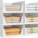 Pinkpum 6 Pack Closet Organizers Storage Bins, Stackable Plastic Drawer Basket for Clothing, Stackable Storage Bins Shelf Storage Container for Closet Wardrobe Bedroom Bathroom Office White