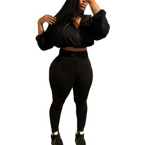 Two Piece Sets for Women Workout Set Crop Top Zipper Long Sleeve High Waist Casual Tracksuit Sweatsuits (X-Large, Black)