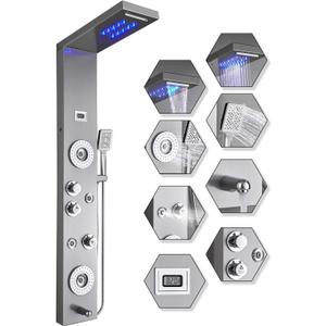 ELLO&ALLO Stainless Steel Shower Panel Tower System,LED Rainfall Waterfall Shower Head 6-Function Faucet Rain Massage System with Body Jets, Brushed Nickel