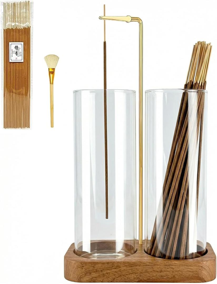 Incense Holder,Wooden Incense Holder for Sticks with 20 Incense Sticks, Anti-ash Incense Burner with Glass Ash Catcher, Wood Incense Holder 20 Stick (2 Glass Rectangle Base)