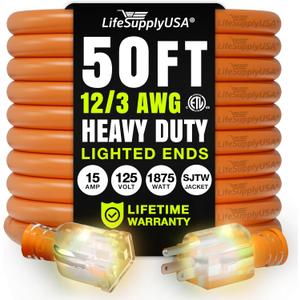 50ft Outdoor/Indoor Extension Cord 12/3 Gauge Extra Heavy Duty 3 Prong SJTW, Waterproof, ETL Listed, Flexible Cold-Resistant Long Power Cord,15A 125V 1875W, Orange by LifeSupplyUSA