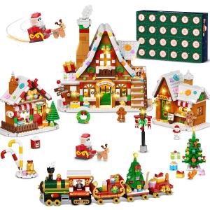 Advent Calendar 2025 Gingerbread House Mini Building Set with Light, 24 Days Countdown Christmas Village Building Blocks with Xmas Tree Train, for Adults Kids Girls Boys Ages 12+