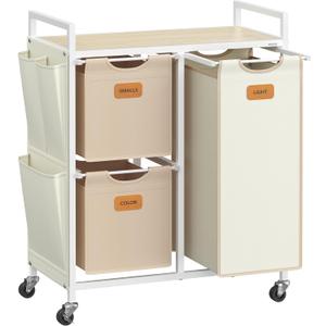 VASAGLE Laundry Hamper with 3 Compartments, 26.4 Gal. (100 L) Laundry Sorter, Rolling Laundry Cart with Shelves, Small Side Pockets, 6 Labels, Natural Beige, Camel Brown and Cream White UBLH202N01