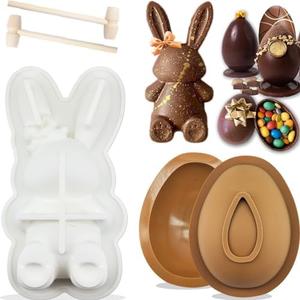 3Pcs Large Bunny Mold Easter Egg Silicone Mold for Chocolate, 3D Rabbit Bunny Easter Egg Shape Silicone Mold Easter Bunny Cake Pan Mold Bunny Breakable Chocolate Gummy Mold with 2 Wood Hammers