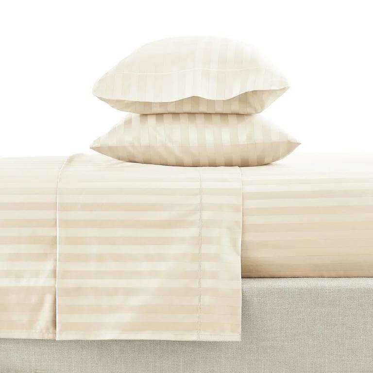 600-TC Egyptian Quality 100% Cotton Striped Sheets - Luxury King Size Cooling Damask Bed Sheets for Hot Sleepers - Sateen Weave - Deep Pocket - 4 Pc Best Hotel Sheets for King Beds - Ivory