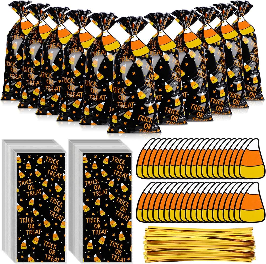 Gueevin 150 Set Halloween Trick or Treat Cellophane Treat Bags Candy Cookie Goodie Cello Bags Bulk with Twist Ties Gift Cards for Party Favor Supplies