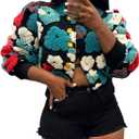 Angsuttc Women's Cropped Floral Bomber Jacket Puff Sleeves Lightweight Fleece Shacket Button Down Varsity Coat Outwear (Black&blue)