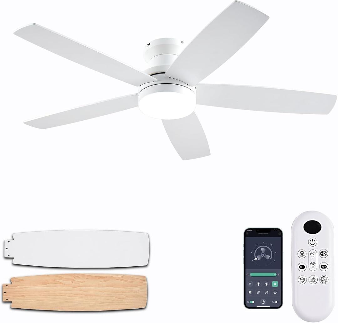 White Ceiling Fans with Lights, 48Inch Low Profile Ceiling Fan with Light and Remote/App Control, Flush Mount, Reversible, 3CCT, Dimmable, Noiseless, Modern Ceiling Fan for Indoor/Outdoor Patios