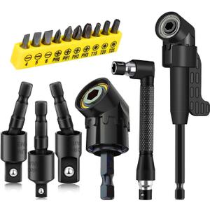 Tools 16pcs Flexible Drill Bit Extension,Include 3pcs Drill-Bit-Kit Joint Socket 1/4 3/8 1/2 in Hex Socket Adapter,2pcs 105 Right Angle Drill Attachment,10 Short Screwdriver Bit Set & 90 Angled Bits