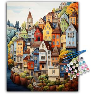 Paint by Numbers Kit for Adults Beginner, Countryside Acrylic Adult Paint by Number Kits on Canvas, Village Landscape Watercolor Oil Number Painting for Adults, Perfect for Home Decor Gift 16"x20" 