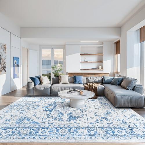 VIPBED 6x9 Area Rug, Washable Rug for Living Room Entryway Bedroom Kitchen, Vintage Medallion Carpet with Non-Slip Backing, Ultra-Thin Low Pile Boho Farmhouse Carpet for Home Decor, Blue