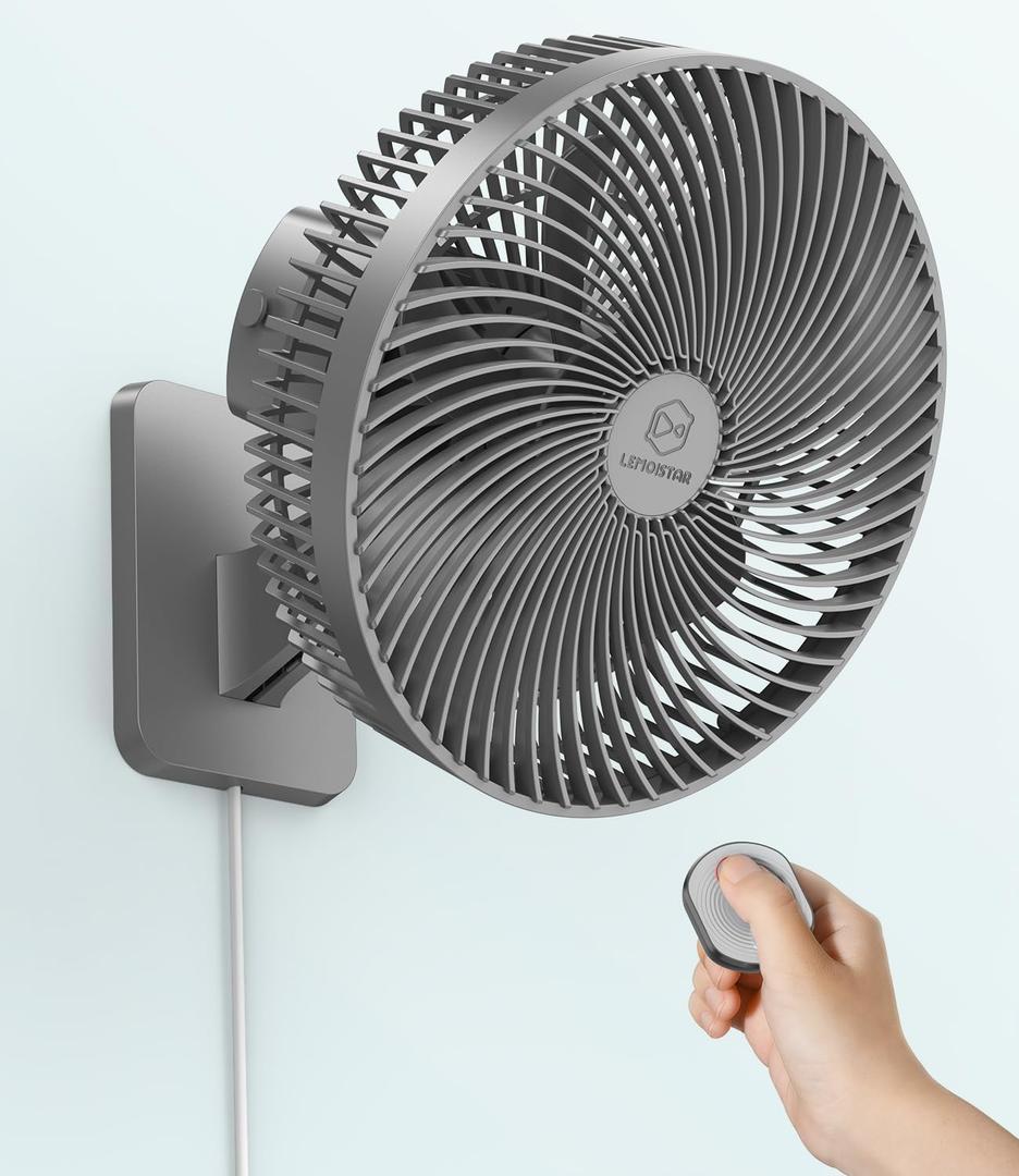 LEMOISTAR 10 Inch Wall Mounted Fan with Remote Control, 90 Oscillating, 4 Speeds, 4 Timer, Adjustable Tilt, 70 Inch Cord, Quiet, for Bedroom Garage RV Office Home Patio-Grey+Grey