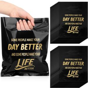 SilTriangle 50 Pack Employee Appreciation Gift Bags Black Thank You Bags for Small Business 10 x 8 Inch Plastic Shopping Packaging with Handle for Christmas Coworker Teacher Boutique Merchandise Gifts