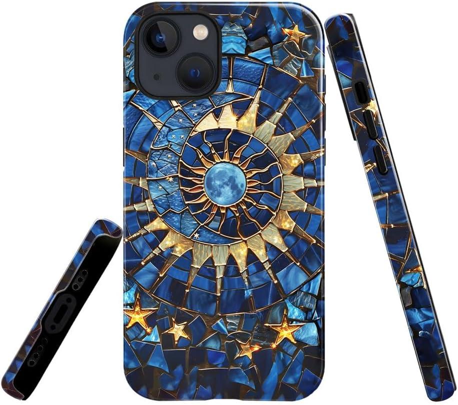 Generic Case Compatible with iPhone 13 - Glossy Hybrid Durable Shockproof Cover,Cases for Woman Girl - Moon Stars Stained Glass Celestial