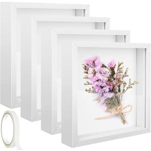 4 Pack 8 x 8in Shadow Box Picture Frame 3D Frames Shadow Box Square Acrylic Shadow Boxes Display Cases with Adhesive Tape for Baby Items Wedding Graduation Memories Crafts Awards Medals and Photos