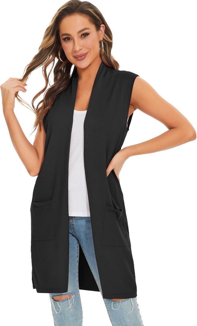 Moss Rose Women's Long Knit Cardigan Vest Casual Sleeveless Open Front Draped Duster Vest  (X-Large, (Pocket)black)