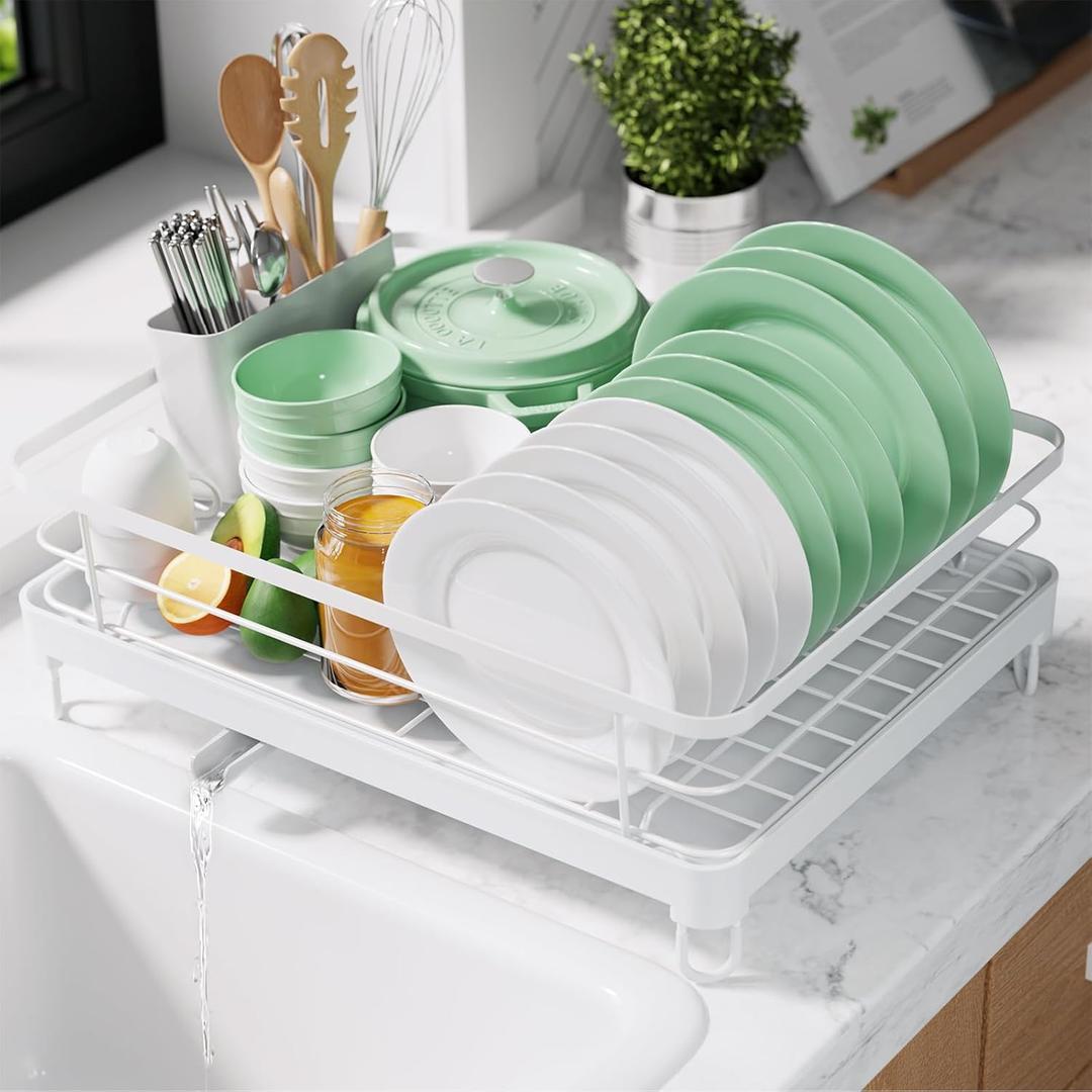 Kitsure Dish Drying Rack for Kitchen Counter, Stainless Steel Sink Organization and Storage Essentials with Cutlery Holder, Home and Apartment Decor, 12.7''W x 16.7''L, White