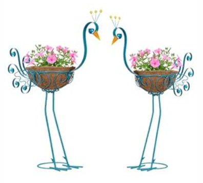 SUNREEK Set of 2 Blue Peacock Outdoor Planters with Basket, Metal Peacock Planter for Indoor Outdoor Garden Yard Decor, Blue