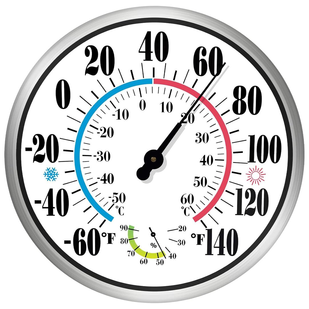 12'' Indoor Outdoor Thermometer Hygrometer - Premium Steel Outdoor Thermometer Large Numbers, Hanging Wall Thermometer Hygrometer for Home, Garden, Patio (No Battery Required)