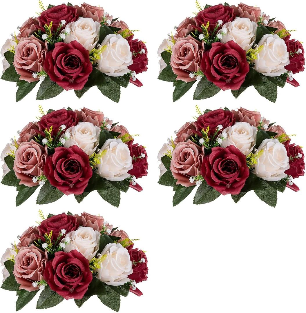 Nuptio Artificial Flower Centrepieces for Tables - 5 Pcs Burgundy & Dusty Rose & Creamy White Fake Flowers Roses Balls 9.5in Diam - Silk Faux Rose Arrangement for Wedding Party Centerpiece Table Decor