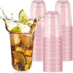 50pcs 500ml/16oz Disposable Stemless Glasses,PET Disposable Drinking Cups,Cold Party Clear Plastic Wine Glasses for Parties Birthday,Wedding,Meeting,Christmas Party Supplies. (Pink)