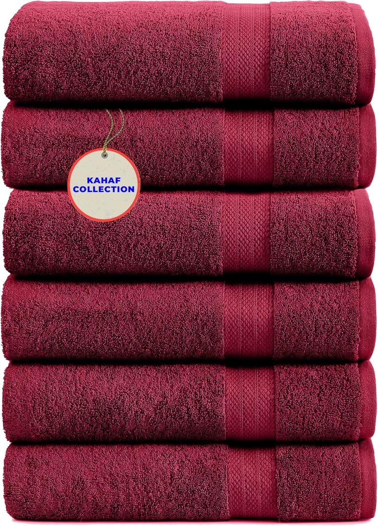 KAHAF COLLECTION 100% Cotton Bath Towels, 24x48 Pack of 6 Towels, Quick Dry, Highly Absorbent, Soft Feel Towel, Gym, Spa, Bathroom, Shower, Pool, Luxury Soft Towels (Burgundy, 24x48-6 Pack)
