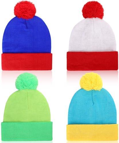 Shinymoon 4 Pcs Halloween Costume Knit Pom Beanie Hat Character Cosplay Headwear Knitted Pompom Cuff Women Men's Novelty Winter Beanies Fashion Warm