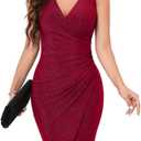 IHOT 2026 Women's Sexy V Neck Sleeveless Faux Wrap Ruched Sheath Bodycon Cocktail Party Work Dress (Medium, Glitter-Red)