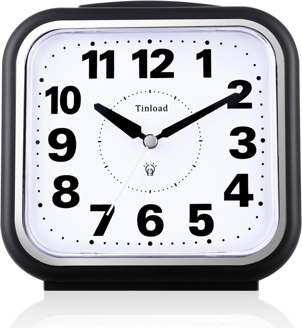 Tinload 5.5" Large No Ticking Analog Alarm Clock,Silent Readable for Seniors,Easy to Set,Gradual Rise Alarm,Big Numbers,Gentle Wake,Snooze, Lighted on Demand,Battery Operated,Black