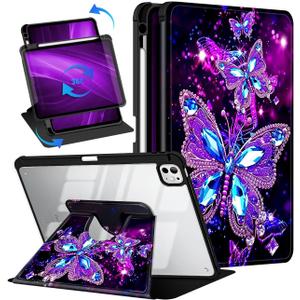Casetego for iPad Pro 11 Inch Case 2024 5th Generation (M4) Case with Pencil Holder,360Rotating Adjustable Stand Protective Cover,All Butterfly