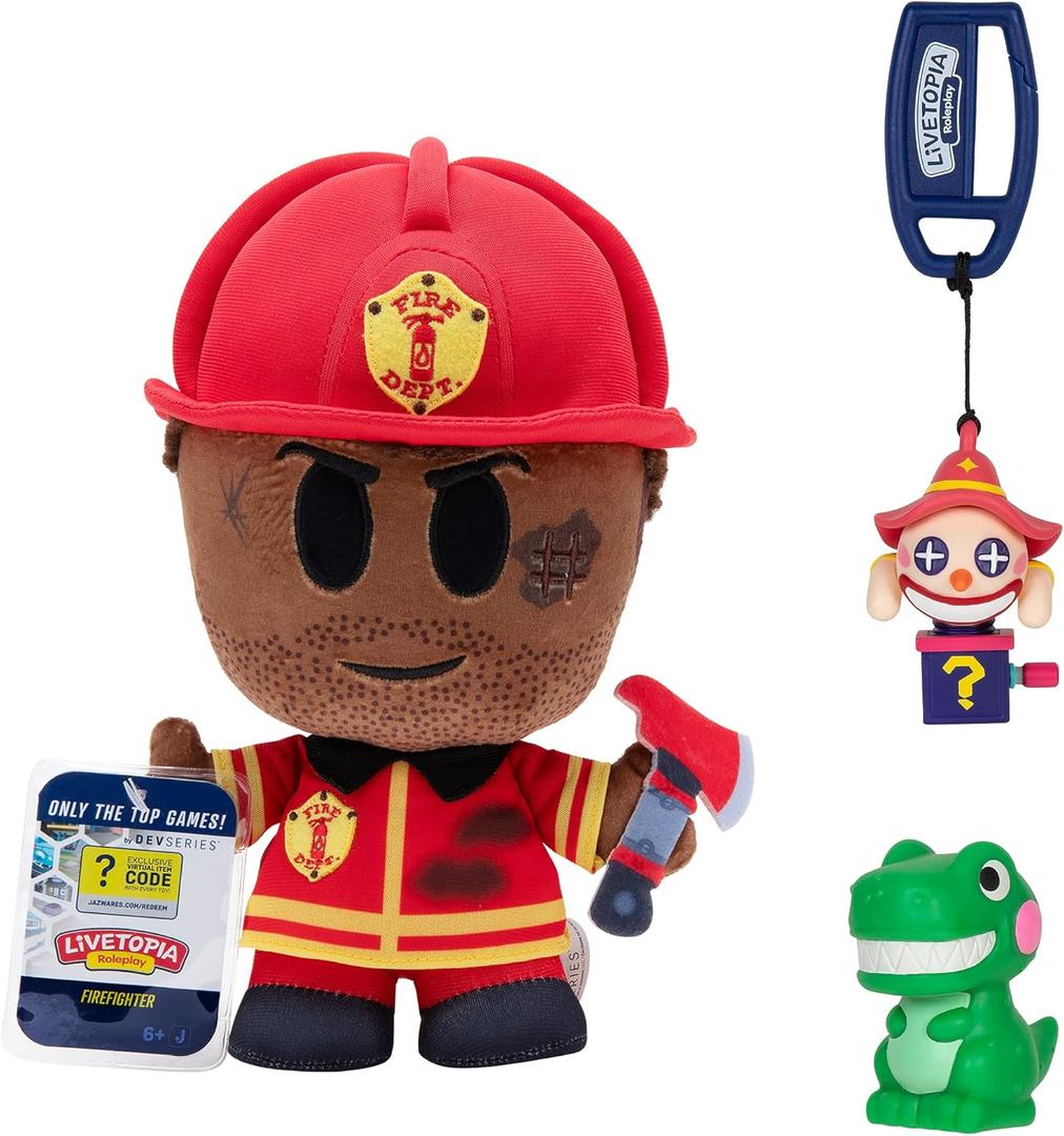 DevSeries Livetopia Collector Bundle - Three Exclusive Virtual Item Codes with Firefighter Plush, Playground T-Rex Squooshems, and Jack Hanger